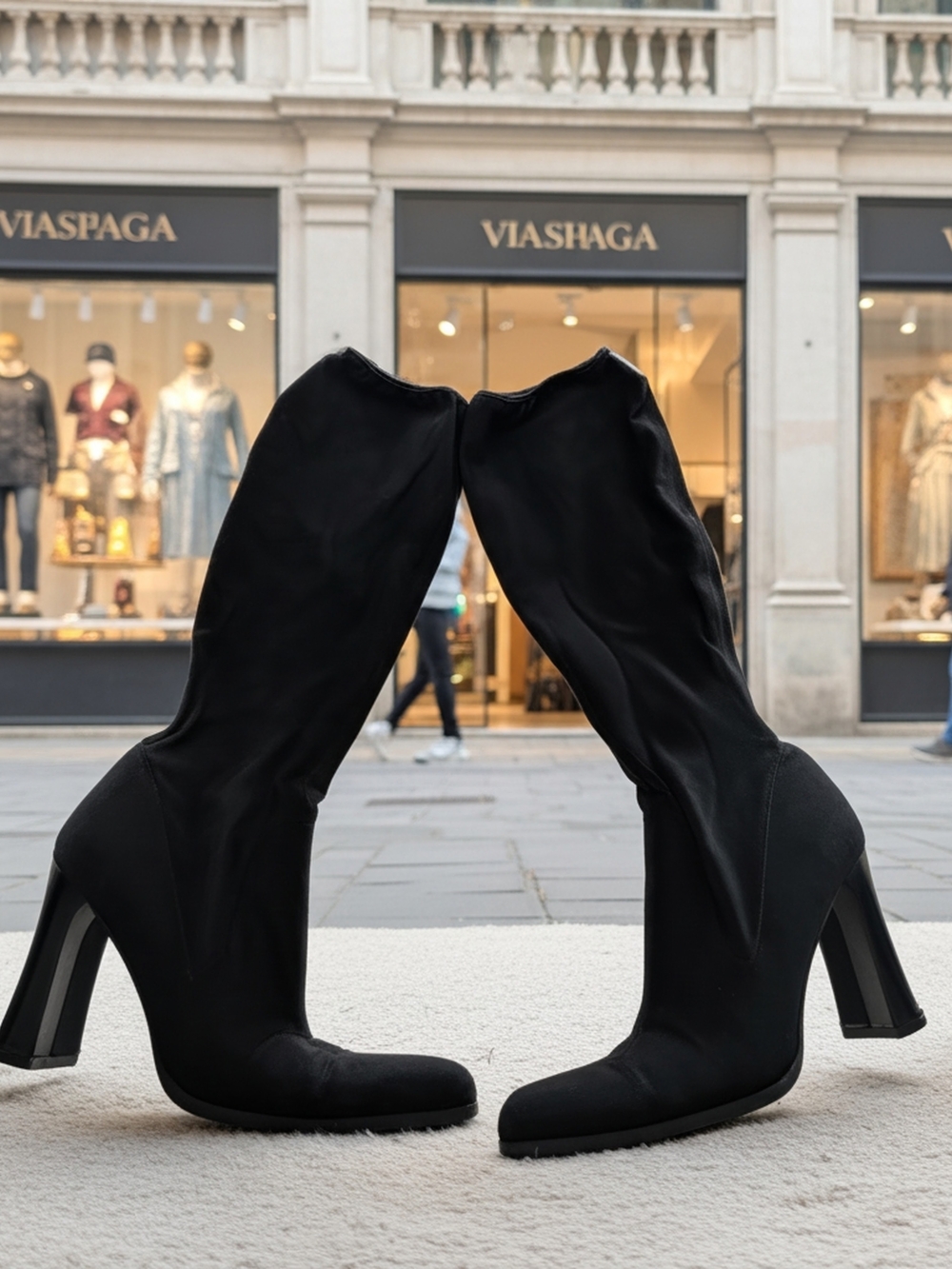 Via Spiga Black Stretch Knit Knee-High Block Heel Boots Size 9